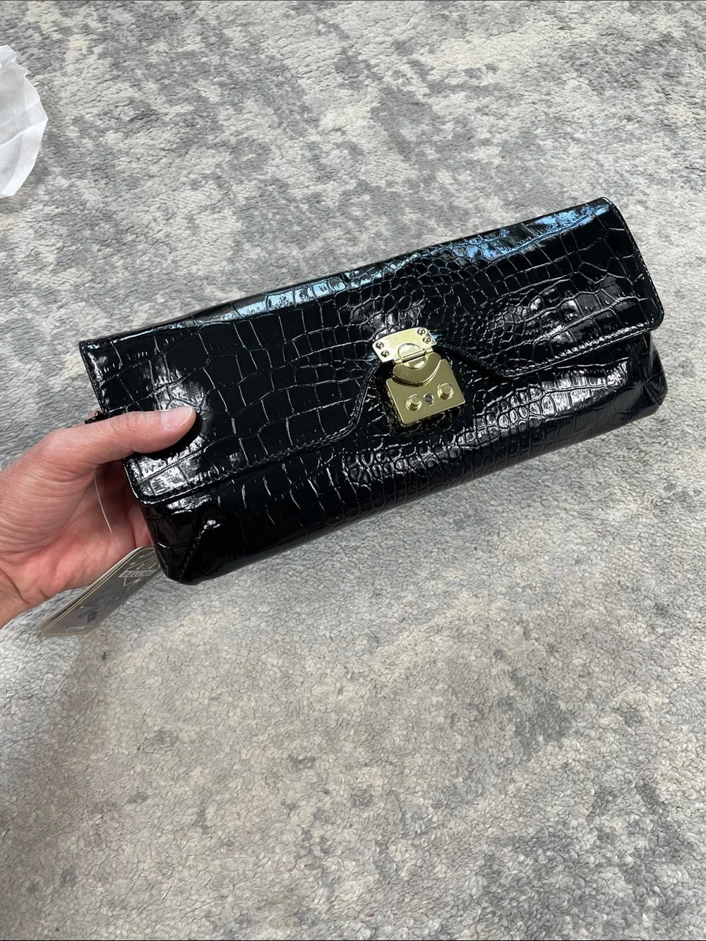 NWT Bellini Black Faux Patent Leather Croc Clutch Wristlet Crossbody Bag